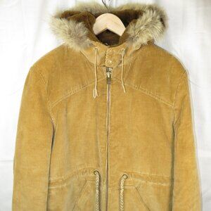 VTG William Barry WB Corduroy Coat Jacket Anorak Faux Fur Trim Hood Sz 44 USA